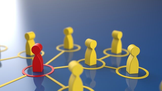 Chain of human figurines connected by yellow lines. Cooperation and interaction between people and employees. Dissemination of information in society, rumors. Social contacts. 3D illustration CG.