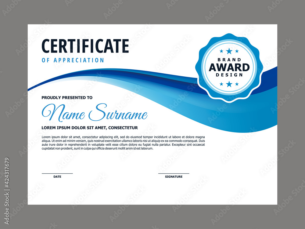 Poster abstract smooth certificate with blue wavy element design, professional, modern, elegant certificate