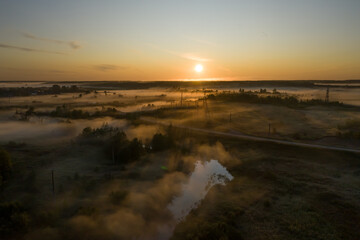 Drone aerial view river landscape. Summer landscape