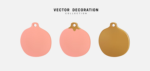 Clay round shapes flat pink and gold realistic 3d, isolated set of objects on white background. Decorative design elements. Christmas new year toys with place under the text. Vector illustration