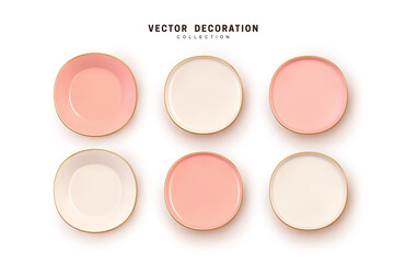 Set of Porcelain Plates Chinese Style realistic 3d design. Flat top view. White and pink color. Vector illustration