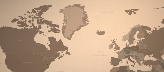 Arctic ocean-North Atlantic ocean and neighboring countries map. Old map 3d illustration.