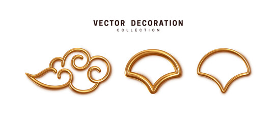 Golden Chinese symbols of clouds, and waves of metal. 3d realistic object. Vector illustration
