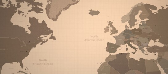North Atlantic ocean and neighboring countries map. Old map 3d illustration.