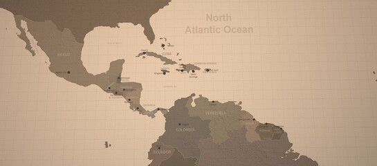 Caribbean sea and neighboring countries map. Old map 3d illustration.