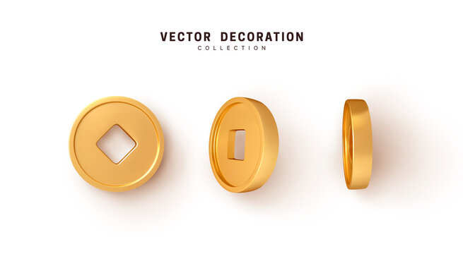 Ancient old gold coins of China, with square hole. Realistic 3d design. Vector illustration