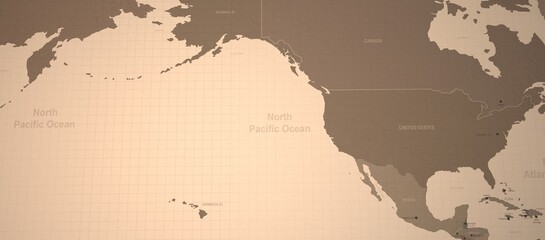 North pacific ocean and neighboring countries map. Old map 3d illustration.