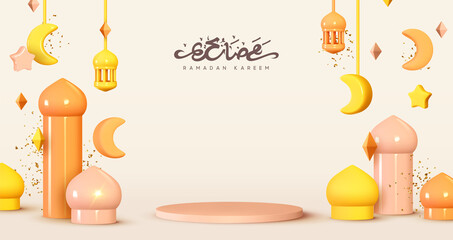 Ramadan Kareem holiday background. Celebrate Ramadan Holy month in Islam. Realistic design with 3d objects, hanging lanterns and half month. Sale stage, podium modern template, round studio platform.