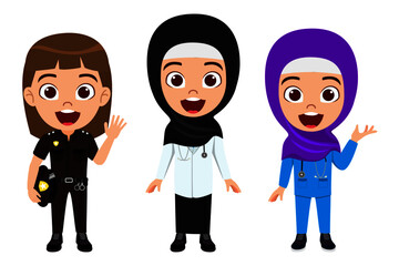 Obraz na płótnie Canvas Happy cute smart kid girls wearing doctor nurse police outfit emergency team and wearing hijab Muslim Arab with cheerful expression