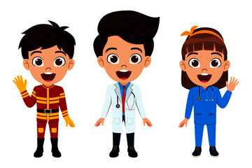 Happy cute smart kid girl and boy wearing doctor nurse police fireman outfit emergency team with cheerful expression