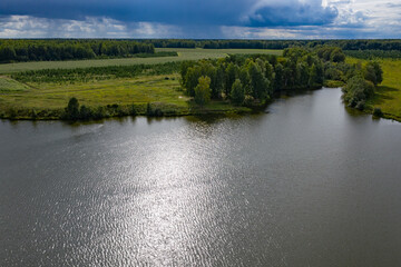 Drone aerial view river landscape. Summer landscape