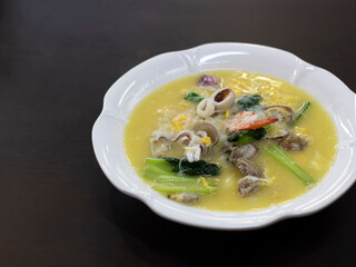 Singapore White Bee Hoon. Chinese bee hoon with copy space. Vermicelli soup on dark background.