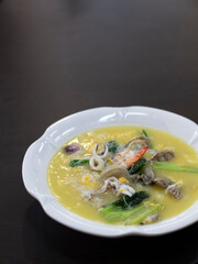Singapore White Bee Hoon. Chinese bee hoon with copy space. Vermicelli soup on dark background.