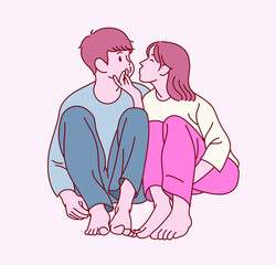A cute couple is sitting in a friendly pose. hand drawn style vector design illustrations. 