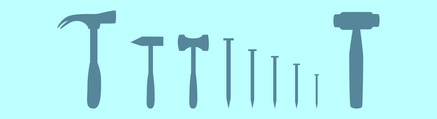 set of hammer and nail cartoon icon design template with various models. vector illustration isolated on blue background