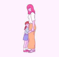 Her mom is hugging her little daughter. hand drawn style vector design illustrations. 