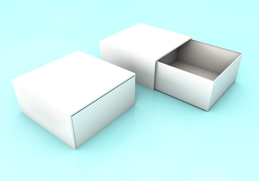 White Product Package Box on reflective background. 3D Render of box mockup. Template of cardboard box isolated. 3d gift box