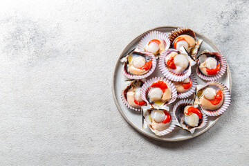 Seafood. Shellfish. Raw scallops with lemon and cilantro on gray plate , gray background