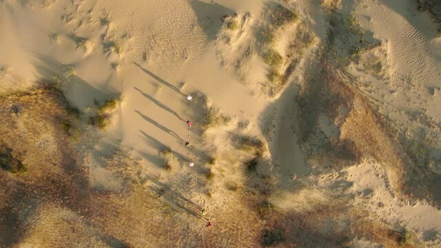 Caravan of people with shadow on sand in the most bigger desert in Europe. Aerial view, 4k. Sand and little flora on it. Tourism place in Ukraine, Kherson. Oleshky Sands.