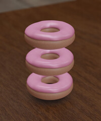 3 doughnuts with pink icing float over a wooden table
