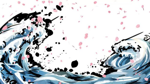 海　和風　墨　桜