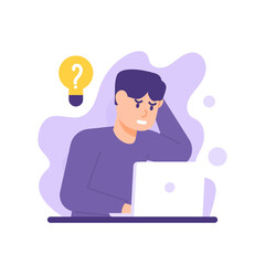run out of ideas, need inspiration, problems and solutions. illustration of male employee confused and thinking about getting an answer. flat style. vector design