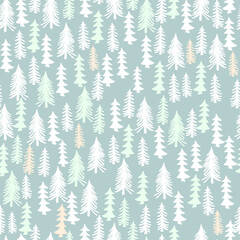 Obraz premium seamless vector winter oliver green background with drawn tree, mountain pattern