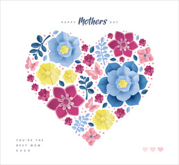Happy Mother's Day greeting card. Vector illustration of colorful flowers and plants in heart shape composition.