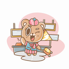 Adorable Waitress Teddy Cleaning Doodle Vector Illustration