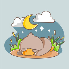 Lovely Sleeping Duck Doodle Vector Illustration