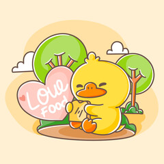 Cute Happy Duck Eating Bread Postcard Doodle Vector Illustration