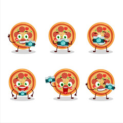 Photographer profession emoticon with beef pizza cartoon character