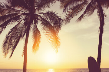 Surfboard and palm tree on beach background.