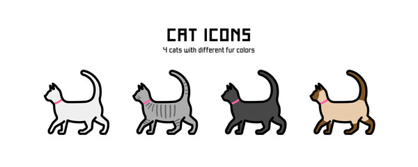 Vector cat icons. 4 cats with different fur colors.
