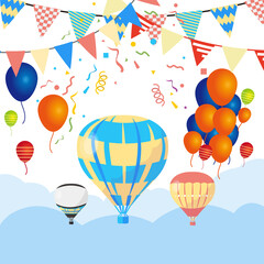 Ribbons, hot air balloons and balloons happy party celebration theme advertising premium vector