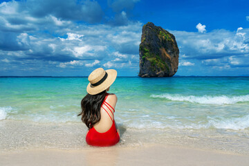 Fototapeta na wymiar Woman in bikini on Poda island, Thailand.