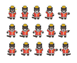 Black cat, panther king characters set showing various emotions, facial expressions. Modern vector illustration