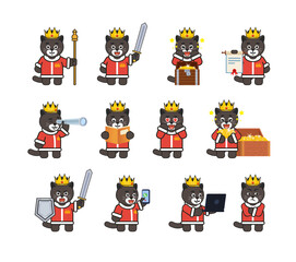 Black cat, panther king characters set in various situations. Modern vector illustration
