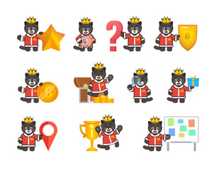 Black cat, panther king characters set in various situations. Modern vector illustration