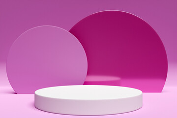 3d illustration of a  white  scene from a circle with round arch at the back on a  pink  background. A close-up of a round monocrome pedestal.