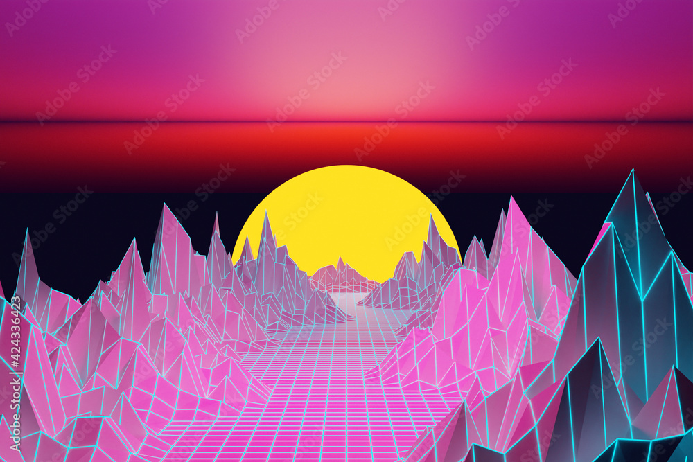 Poster 3d rendering, virtual reality, road from geometric lines between the mountains to the setting sun.de