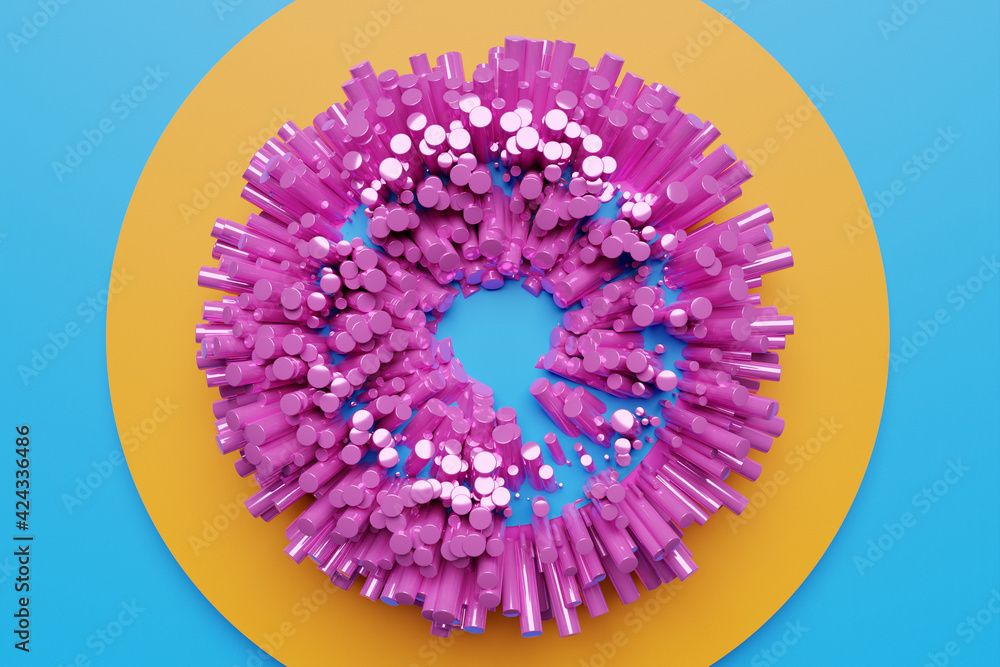 Aufkleber 3d illustration of a round shape, a design frame covered with many cylinders in volume on a blue bac