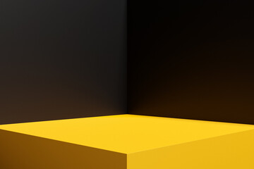 3D illustration corner of a rectangular room with black wall and yellow floor . Simple geometric shapes pattern, mosaic background.