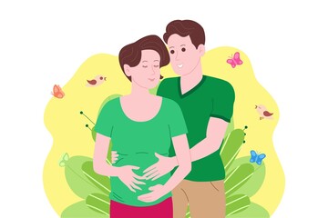 Pregnancy, motherhood concept. Pregnant and happy beautiful young woman holds her belly, hugged by a young man. Flat cartoon vector illustration of a married couple awaiting the birth of a child.
