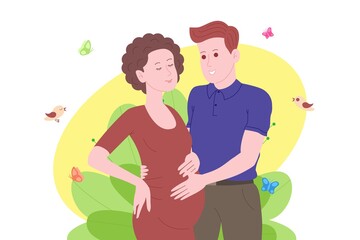 Pregnancy, motherhood concept. Pregnant and happy beautiful young woman holds her belly, hugged by a young man. Flat cartoon vector illustration of a married couple awaiting the birth of a child.