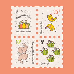 Easter Postage Stamp Set in Pastel colors with Greetings and Memphis Design Elements. Colored Eggs with Grass and Flowers, Baby Chicken, Easter Bunny, Clouds, Dots and Crosses