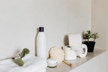 Fototapeta na wymiar White bathroom, bath accessories. Household, hotel cleaning concept