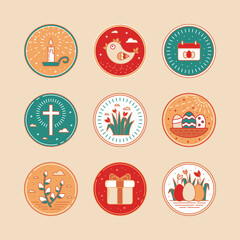 Set of linear Easter icons, cute symbols of Easter celebration with Baby Chicken, Candle on a Stand with Rays, Colored Eggs with Patterns and Sun, Festive Gift. Line Art Elements of Crosses and Dots