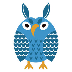 Cute cartoon owl vector illustration. Bluebird frown isolated icon on white background. Flat style, childrens illustration