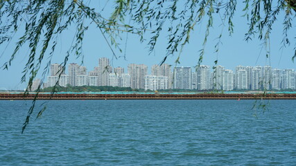 The panoramic lake view with the peaceful water and blue sky